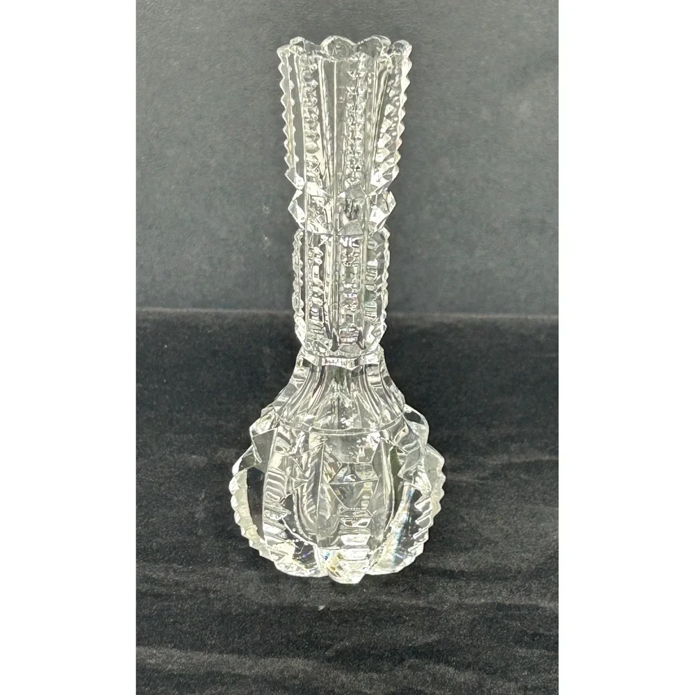 Vintage Clear Pressed Glass Bud Vase Sawtooth Rim Geometric Pattern 4.25 Inch